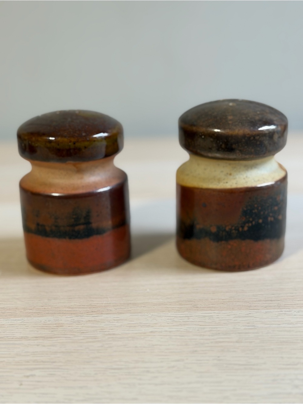 Vintage Takahashi Stoneware Salt and Pepper Shakers in Brown and Cream Tones
